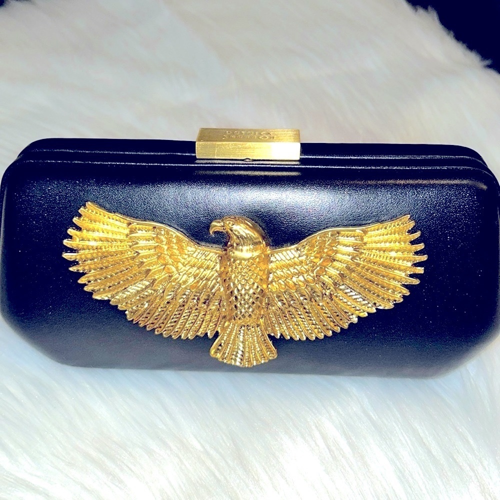 🦅NWOT Patrick Shannon🦅Black Leather🦅Gold Eagle Crossbopdy/ Clutch Purse🦅 - Picture 3 of 13